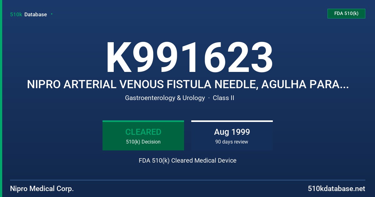K991623 NIPRO ARTERIAL VENOUS FISTULA NEEDLE, AGULHA PARA FISTULA ARTERIO-VENOSA, AGUJA PARA FISTULA ARTERIO VENOSA FDA 510(k) Cleared Medical Device