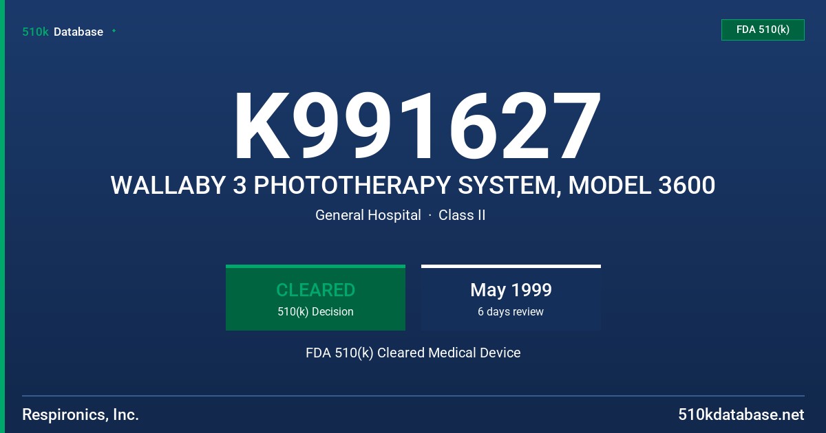 K991627 WALLABY 3 PHOTOTHERAPY SYSTEM, MODEL 3600 FDA 510(k) Cleared Medical Device
