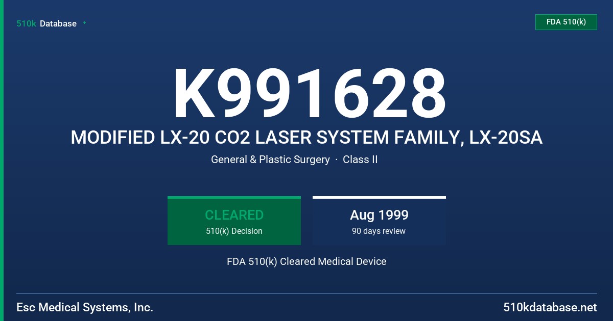 K991628 MODIFIED LX-20 CO2 LASER SYSTEM FAMILY, LX-20SA FDA 510(k) Cleared Medical Device