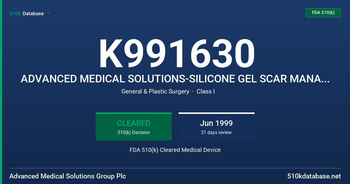 K991630 ADVANCED MEDICAL SOLUTIONS-SILICONE GEL SCAR MANAGEMENT SHEET FDA 510(k) Cleared Medical Device
