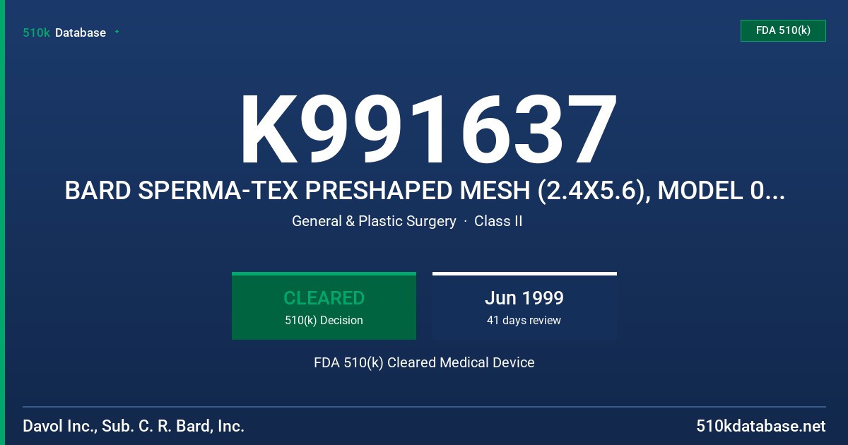 K991637 BARD SPERMA-TEX PRESHAPED MESH (2.4X5.6), MODEL 0114700 FDA 510(k) Cleared Medical Device