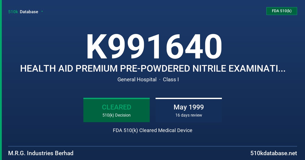 K991640 HEALTH AID PREMIUM PRE-POWDERED NITRILE EXAMINATION GLOVES FDA 510(k) Cleared Medical Device