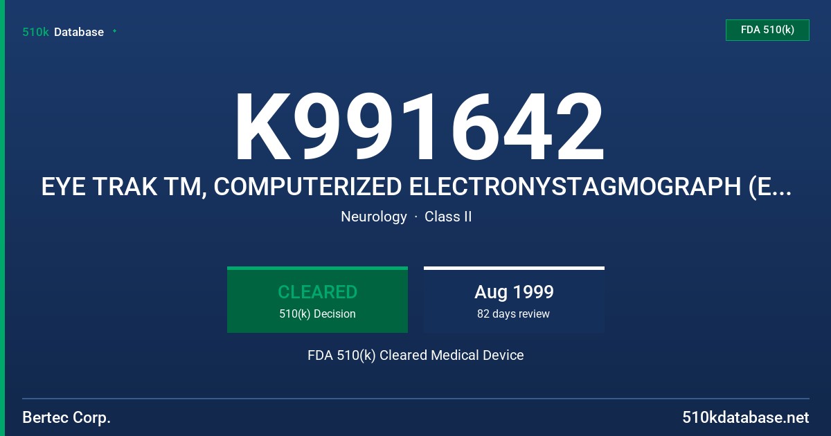 K991642 EYE TRAK TM, COMPUTERIZED ELECTRONYSTAGMOGRAPH (ENG), MODEL ETV-XXXX FDA 510(k) Cleared Medical Device
