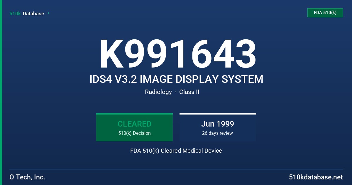 K991643 IDS4 V3.2 IMAGE DISPLAY SYSTEM FDA 510(k) Cleared Medical Device