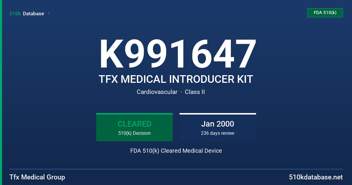 K991647 TFX MEDICAL INTRODUCER KIT FDA 510(k) Cleared Medical Device