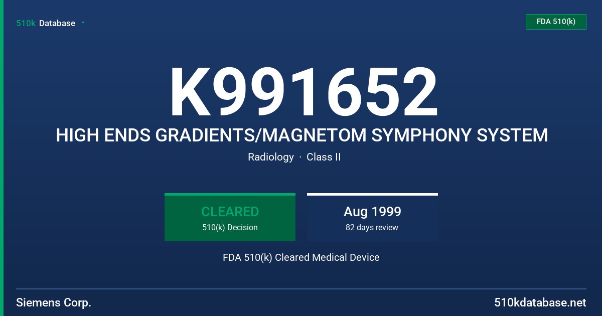 K991652 HIGH ENDS GRADIENTS/MAGNETOM SYMPHONY SYSTEM FDA 510(k) Cleared Medical Device