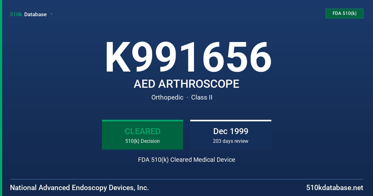 K991656 AED ARTHROSCOPE FDA 510(k) Cleared Medical Device