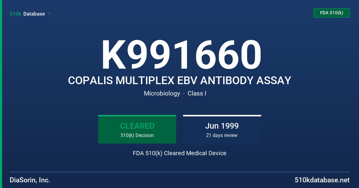 K991660 COPALIS MULTIPLEX EBV ANTIBODY ASSAY FDA 510(k) Cleared Medical Device