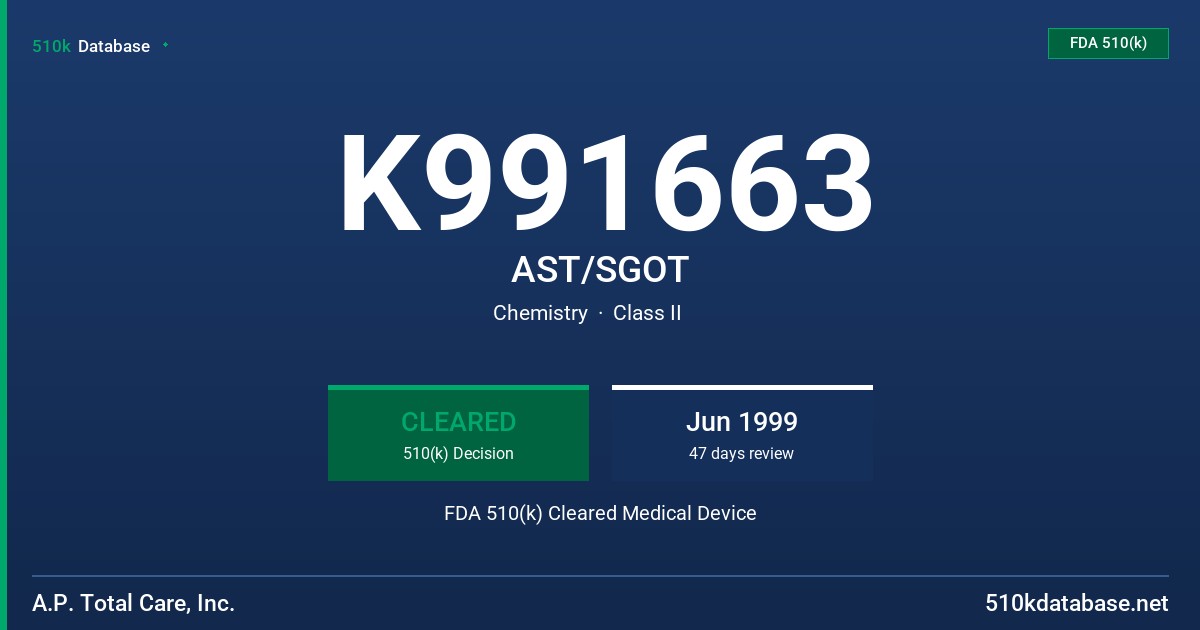 K991663 AST/SGOT FDA 510(k) Cleared Medical Device