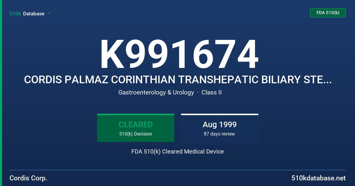 K991674 CORDIS PALMAZ CORINTHIAN TRANSHEPATIC BILIARY STENT AND DELIVERY SYSTEM, MODELS PC155BJS, PCI156BJS, PC185BJS, PC186BJS FDA 510(k) Cleared Medical Device