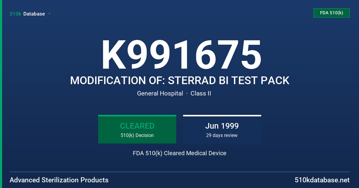 K991675 MODIFICATION OF: STERRAD BI TEST PACK FDA 510(k) Cleared Medical Device