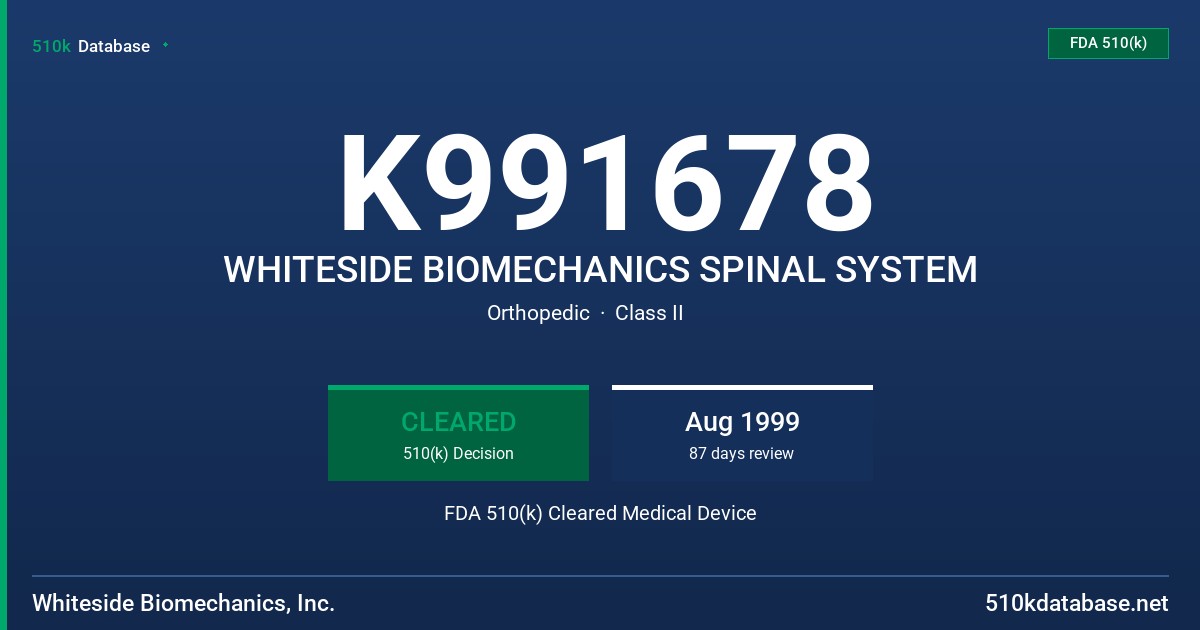 K991678 WHITESIDE BIOMECHANICS SPINAL SYSTEM FDA 510(k) Cleared Medical Device
