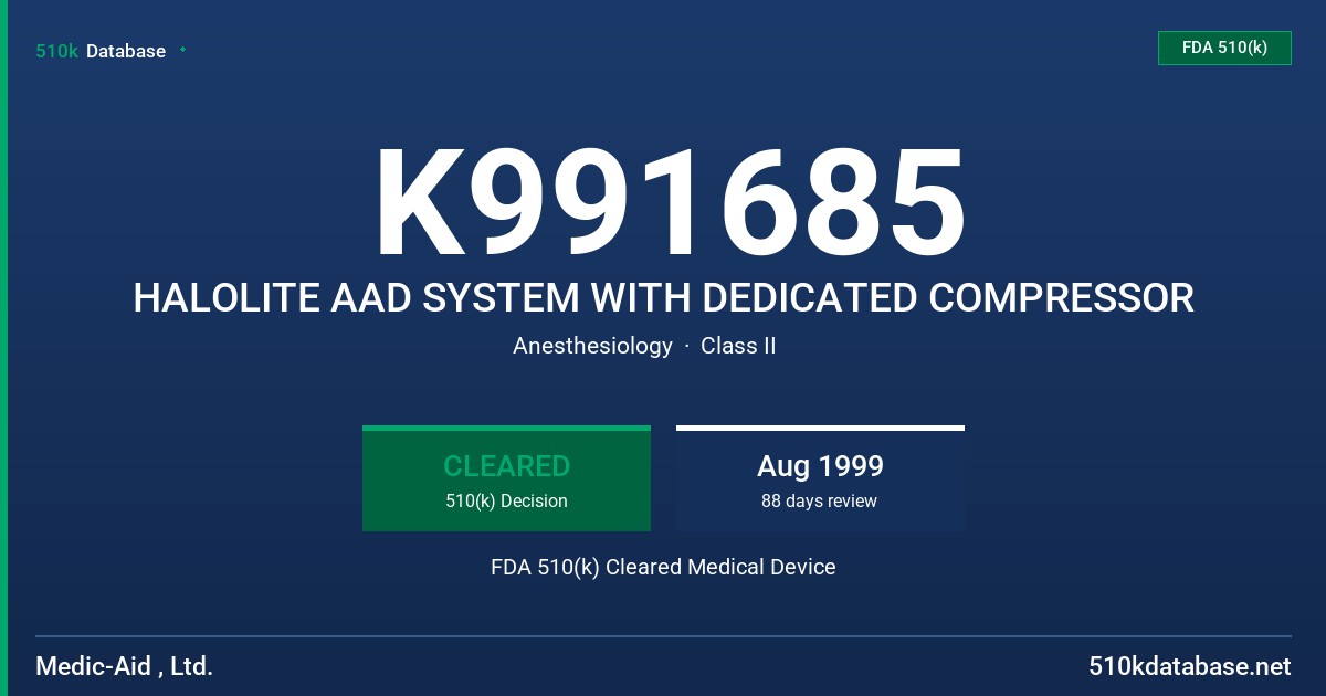 K991685 HALOLITE AAD SYSTEM WITH DEDICATED COMPRESSOR FDA 510(k) Cleared Medical Device