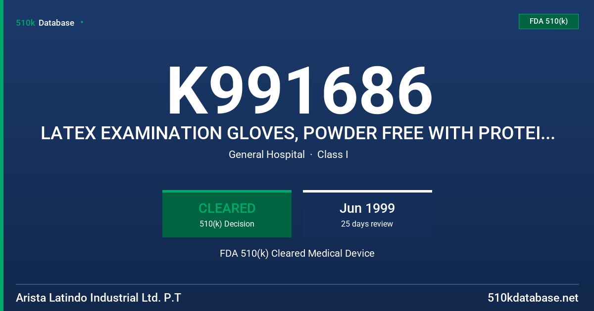 K991686 LATEX EXAMINATION GLOVES, POWDER FREE WITH PROTEIN LABELING CLAIM (50 MCG OR LESS) FDA 510(k) Cleared Medical Device
