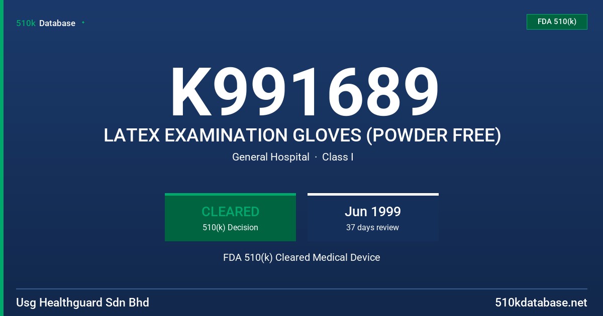 K991689 LATEX EXAMINATION GLOVES (POWDER FREE) FDA 510(k) Cleared Medical Device