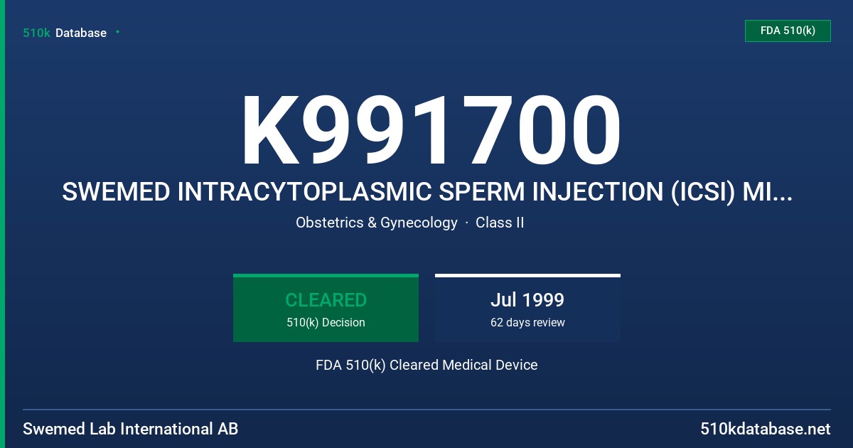 K991700 SWEMED INTRACYTOPLASMIC SPERM INJECTION (ICSI) MICRO-INJECTION PIPETTES FDA 510(k) Cleared Medical Device
