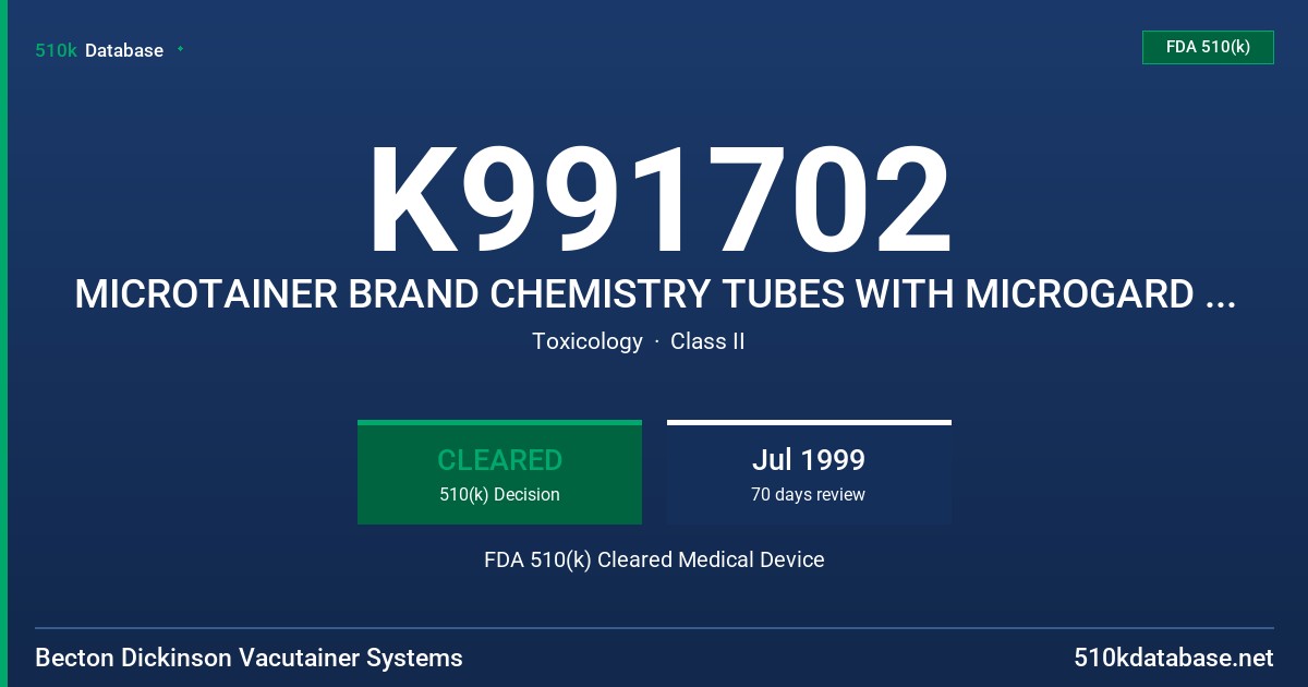 K991702 MICROTAINER BRAND CHEMISTRY TUBES WITH MICROGARD CLOSURE, MODEL 365965, 365985, 365963, 365967, 36578 FDA 510(k) Cleared Medical Device