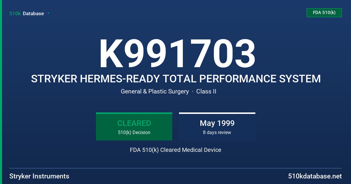 K991703 STRYKER HERMES-READY TOTAL PERFORMANCE SYSTEM FDA 510(k) Cleared Medical Device