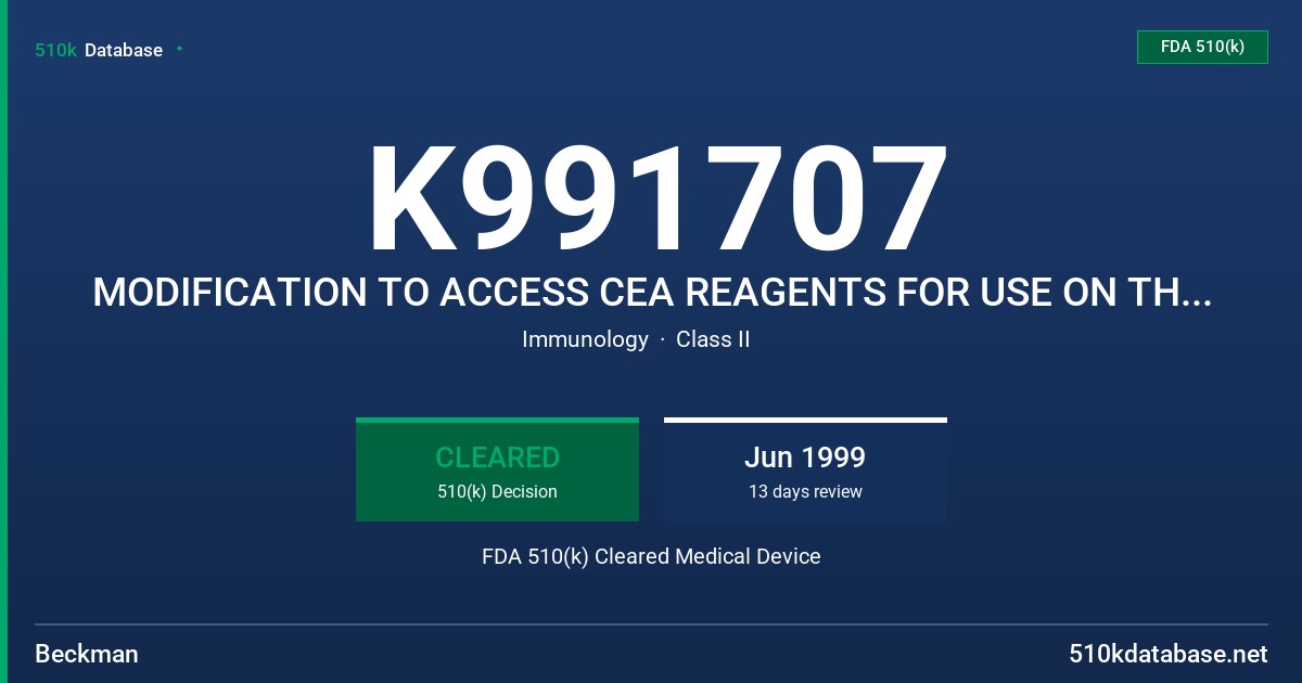 K991707 MODIFICATION TO ACCESS CEA REAGENTS FOR USE ON THE ACCESS IMMUNOASSAY ANALYZER, MODELS 33200, 33205, 33209, 33206 FDA 510(k) Cleared Medical Device