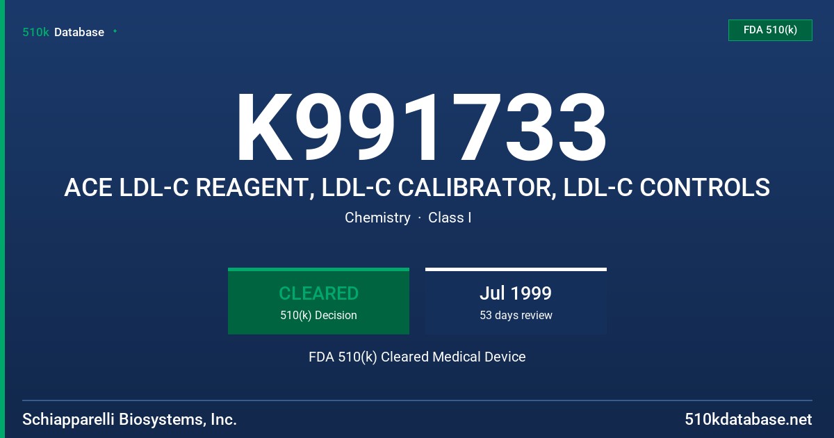 K991733 ACE LDL-C REAGENT, LDL-C CALIBRATOR, LDL-C CONTROLS FDA 510(k) Cleared Medical Device
