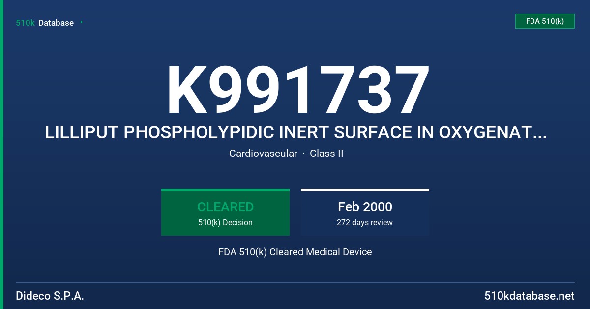 K991737 LILLIPUT PHOSPHOLYPIDIC INERT SURFACE IN OXYGENATION (PH.I.S.I.O.) INFANT/NEWBORN HOLLOW FIBER OXYGENATOR FDA 510(k) Cleared Medical Device