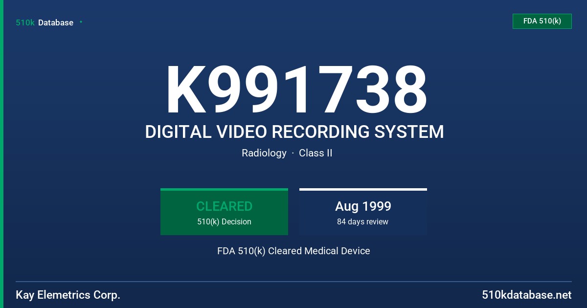 K991738 DIGITAL VIDEO RECORDING SYSTEM FDA 510(k) Cleared Medical Device
