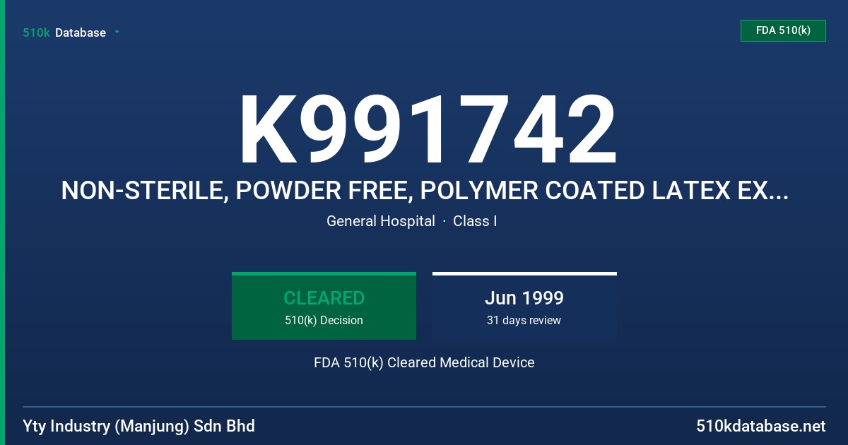 K991742 NON-STERILE, POWDER FREE, POLYMER COATED LATEX EXAMINATION GLOVES WITH WATER EXTRACTABLE PROTEIN CLAIM OF 50 MICROGRAM O FDA 510(k) Cleared Medical Device