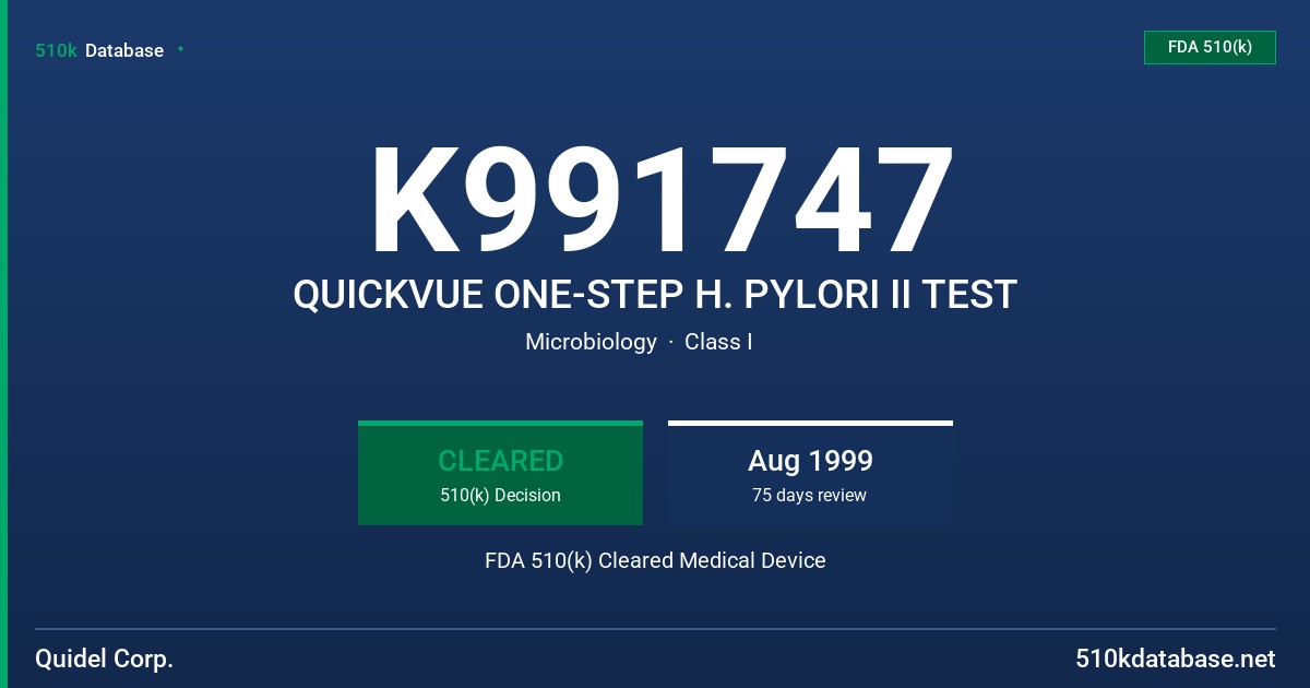 K991747 QUICKVUE ONE-STEP H. PYLORI II TEST FDA 510(k) Cleared Medical Device