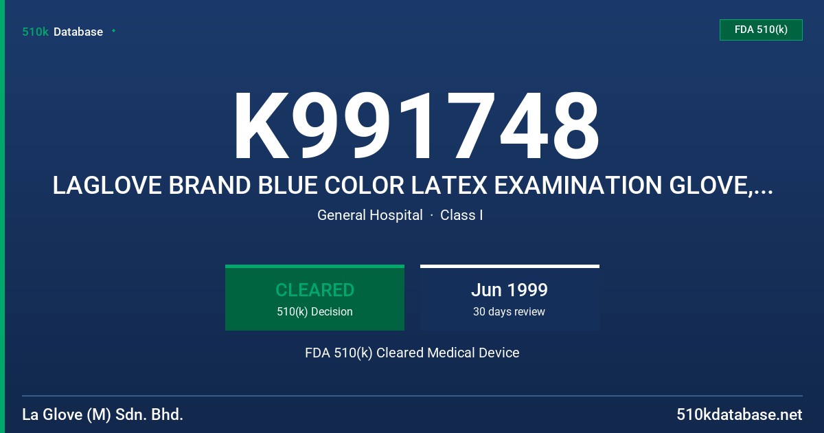K991748 LAGLOVE BRAND BLUE COLOR LATEX EXAMINATION GLOVE, POWDERED CONTAINING 150 MLGM OR LESSOF WATER EXTRACTABLE PROTEIN PER G FDA 510(k) Cleared Medical Device