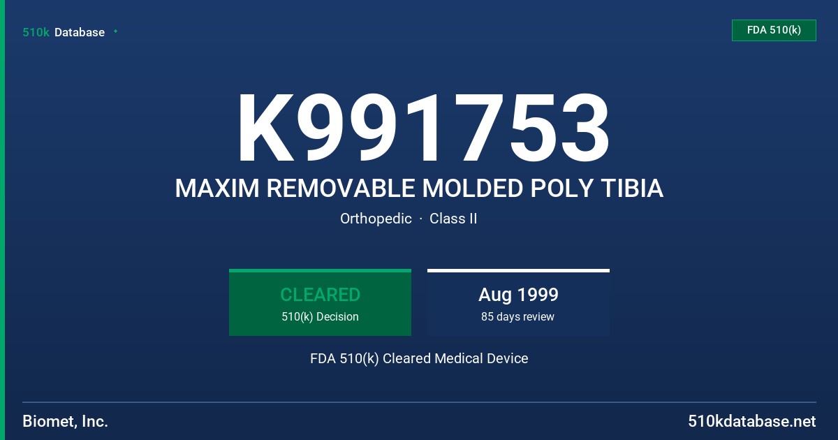 K991753 MAXIM REMOVABLE MOLDED POLY TIBIA FDA 510(k) Cleared Medical Device