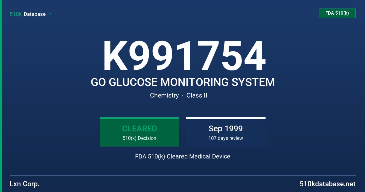 K991754 GO GLUCOSE MONITORING SYSTEM FDA 510(k) Cleared Medical Device