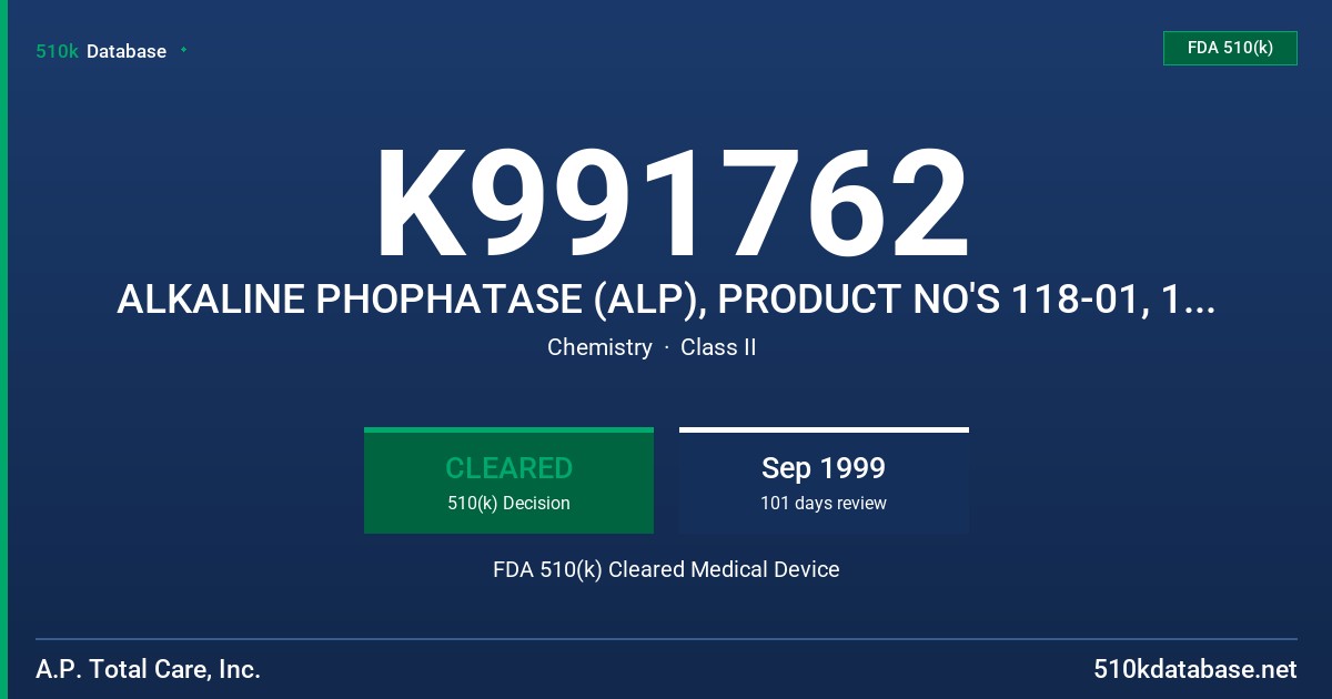 K991762 ALKALINE PHOPHATASE (ALP), PRODUCT NO'S 118-01, 118-02 FDA 510(k) Cleared Medical Device