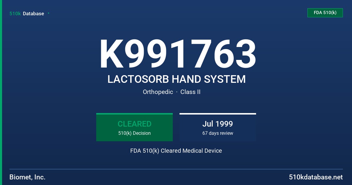 K991763 LACTOSORB HAND SYSTEM FDA 510(k) Cleared Medical Device