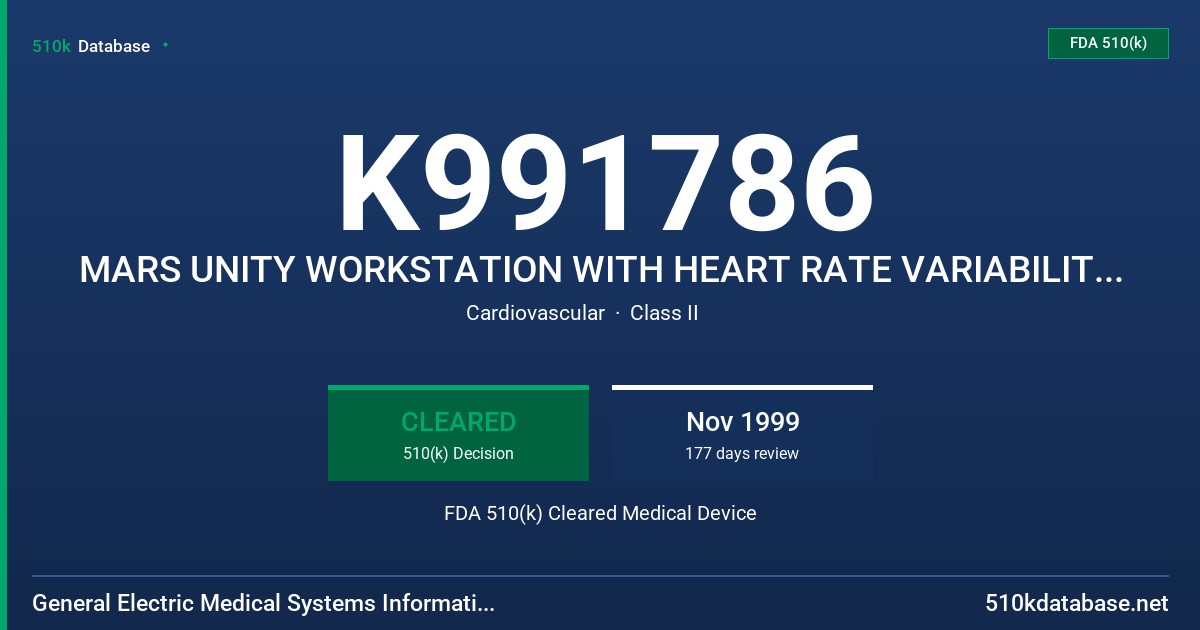 K991786 MARS UNITY WORKSTATION WITH HEART RATE VARIABILITY (HRV) OPTION FDA 510(k) Cleared Medical Device