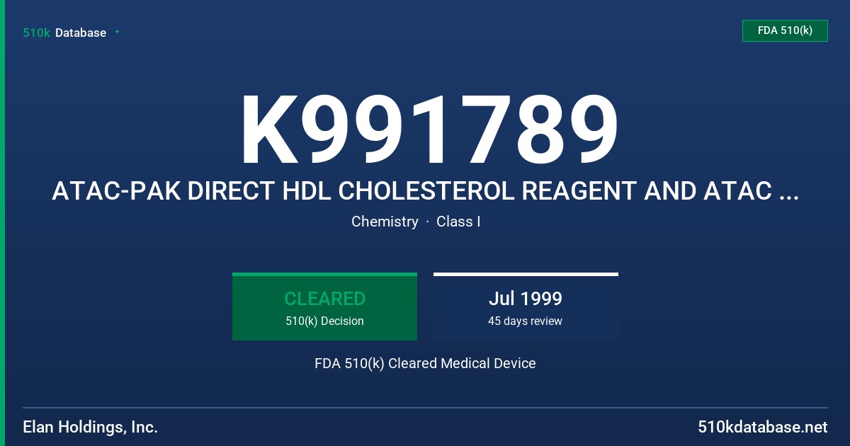 K991789 ATAC-PAK DIRECT HDL CHOLESTEROL REAGENT AND ATAC HDL-C CALIBRATOR KITS FDA 510(k) Cleared Medical Device