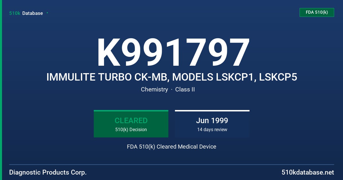 K991797 IMMULITE TURBO CK-MB, MODELS LSKCP1, LSKCP5 FDA 510(k) Cleared Medical Device