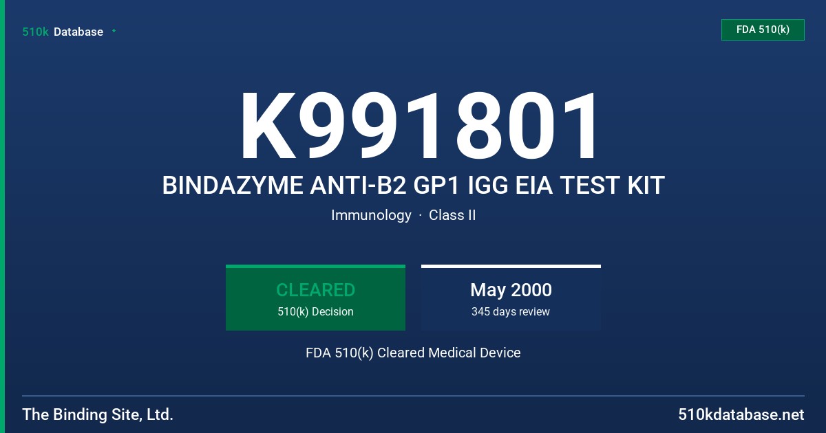 K991801 BINDAZYME ANTI-B2 GP1 IGG EIA TEST KIT FDA 510(k) Cleared Medical Device
