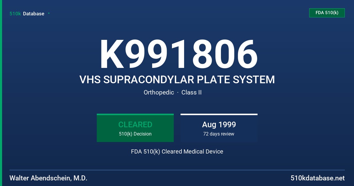 K991806 VHS SUPRACONDYLAR PLATE SYSTEM FDA 510(k) Cleared Medical Device