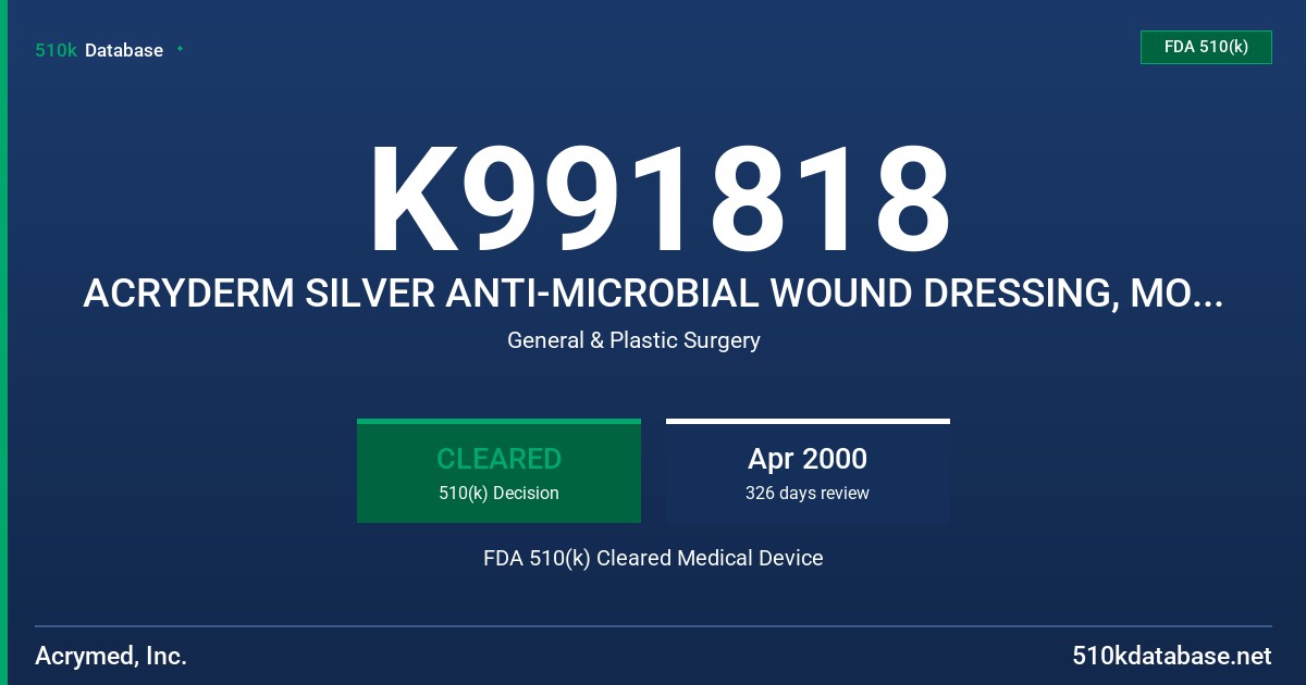 K991818 ACRYDERM SILVER ANTI-MICROBIAL WOUND DRESSING, MODELS 1041, 1042, 1043, 1044, 1045 FDA 510(k) Cleared Medical Device