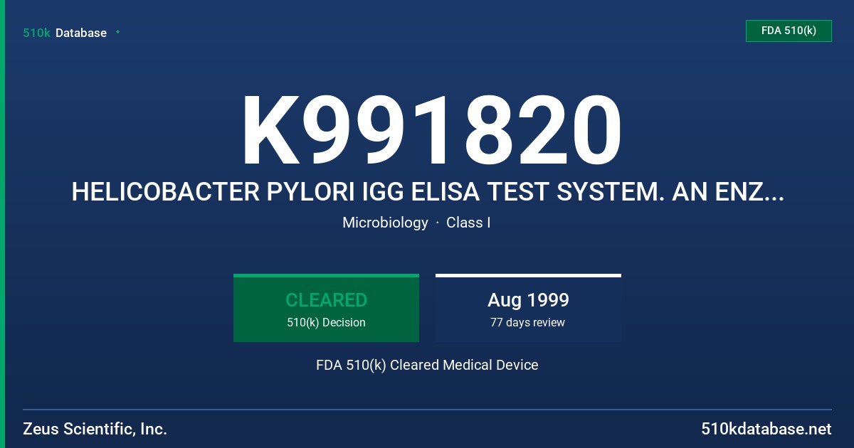 K991820 HELICOBACTER PYLORI IGG ELISA TEST SYSTEM. AN ENZYME LINKED IMMUNOSORBENT ASSAY (ELISA)FOR THE DETECTION OF IGG ANTIBODI FDA 510(k) Cleared Medical Device