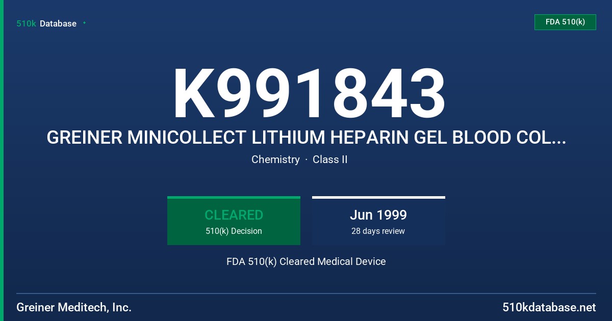K991843 GREINER MINICOLLECT LITHIUM HEPARIN GEL BLOOD COLLECTION TUBE FDA 510(k) Cleared Medical Device