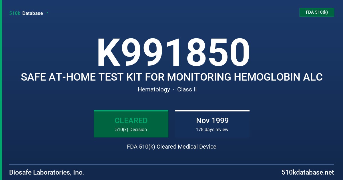 K991850 SAFE AT-HOME TEST KIT FOR MONITORING HEMOGLOBIN ALC FDA 510(k) Cleared Medical Device