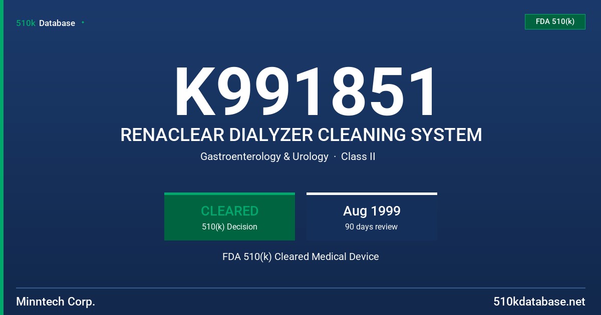 K991851 RENACLEAR DIALYZER CLEANING SYSTEM FDA 510(k) Cleared Medical Device