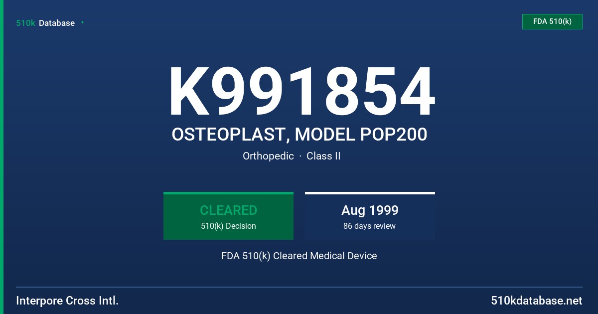 K991854 OSTEOPLAST, MODEL POP200 FDA 510(k) Cleared Medical Device