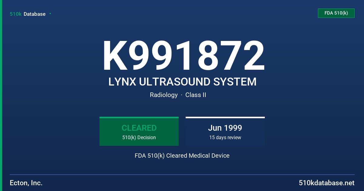 K991872 LYNX ULTRASOUND SYSTEM FDA 510(k) Cleared Medical Device