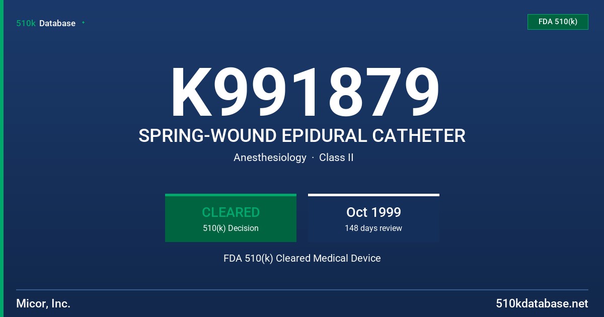 K991879 SPRING-WOUND EPIDURAL CATHETER FDA 510(k) Cleared Medical Device