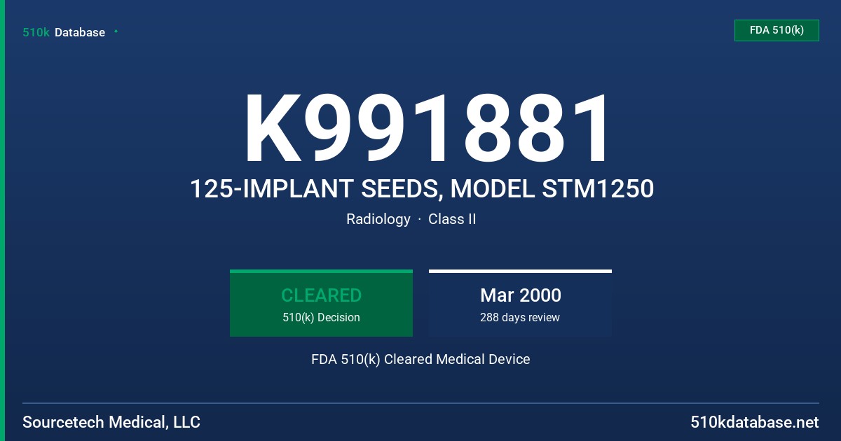 K991881 125-IMPLANT SEEDS, MODEL STM1250 FDA 510(k) Cleared Medical Device