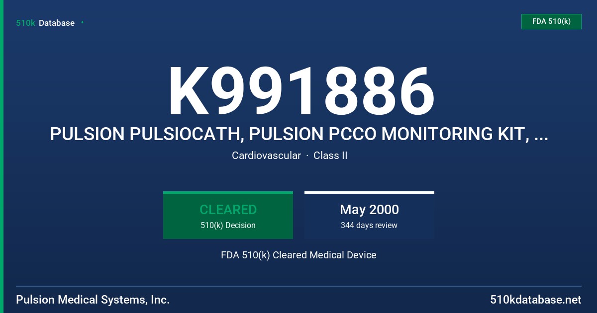 K991886 PULSION PULSIOCATH, PULSION PCCO MONITORING KIT, PULSION IN-LINE INJECTATE SENSOR FDA 510(k) Cleared Medical Device