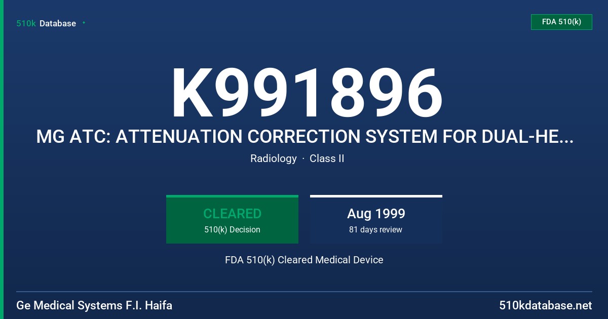 K991896 MG ATC: ATTENUATION CORRECTION SYSTEM FOR DUAL-HEAD VARIABLE-ANGLE GAMMA CAMERA FDA 510(k) Cleared Medical Device