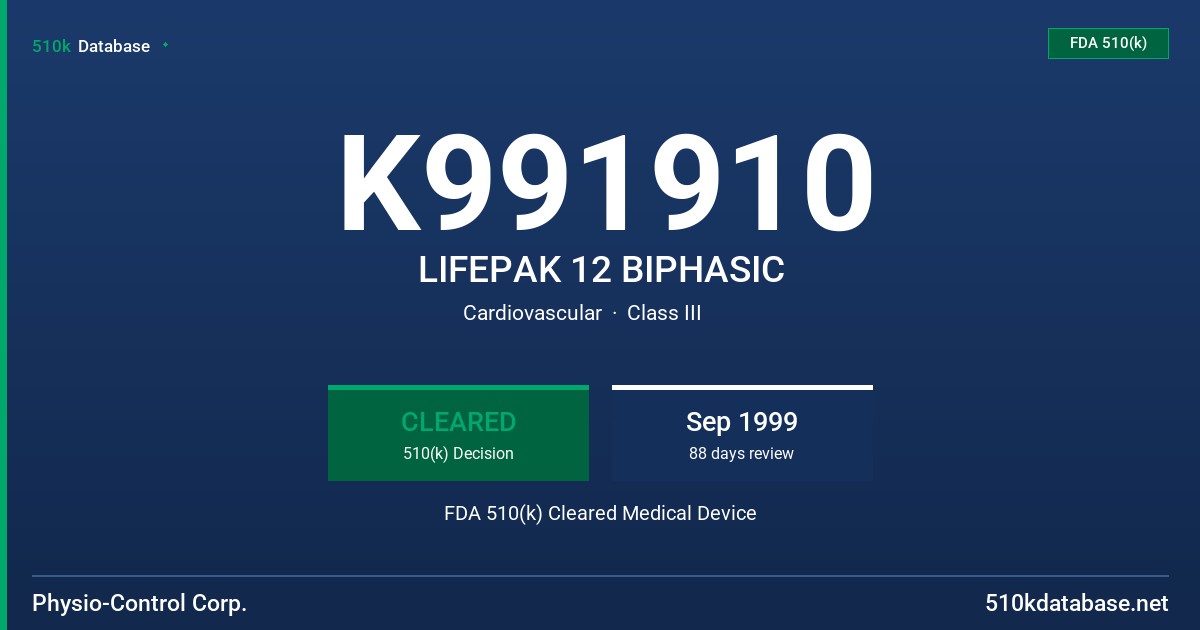 K991910 LIFEPAK 12 BIPHASIC FDA 510(k) Cleared Medical Device